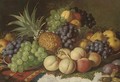 Grapes, peaches, pears, plums, apples, and a pineapple, on a ledge - (after) Charles Thomas Bale
