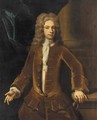 Portrait of a gentleman, three-quarter-length, in a brown coat, his left hand resting on a plinth, before a column - (attr. to) Jervas, Charles