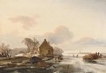Skaters by a cottage in a Dutch winter landscape - (after) Charles Henri Joseph Leickert