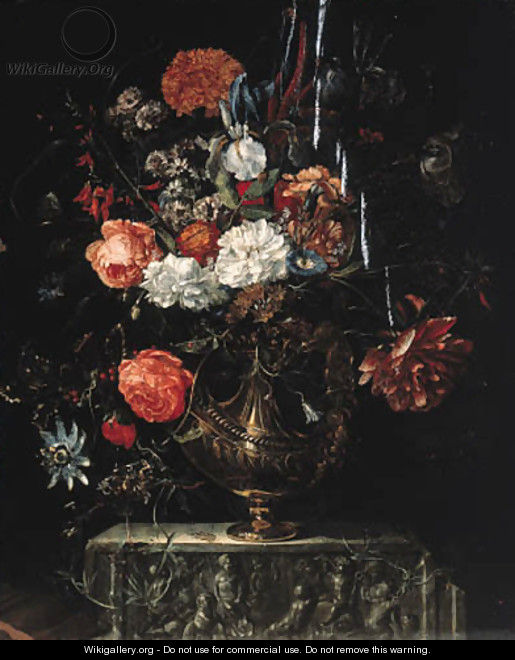 Roses, carnations, iris, morning glory and other flowers in a gilt bowl on a sculpted ledge - (after) Coenraet Roepel