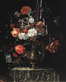 Roses, carnations, iris, morning glory and other flowers in a gilt bowl on a sculpted ledge - (after) Coenraet Roepel