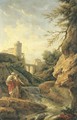 Two female peasants by a waterfall, a town and aqueduct beyond - (after) Claude-Joseph Vernet