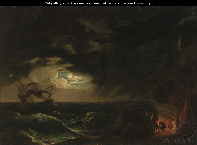 A stormy moonlit seascape with fishermen before a campfire - (after) Claude-Joseph Vernet