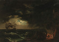 A stormy moonlit seascape with fishermen before a campfire - (after) Claude-Joseph Vernet