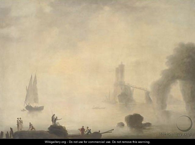 A coastal landscape in early morning with fishermen on a rocky foreground - (after) Claude-Joseph Vernet