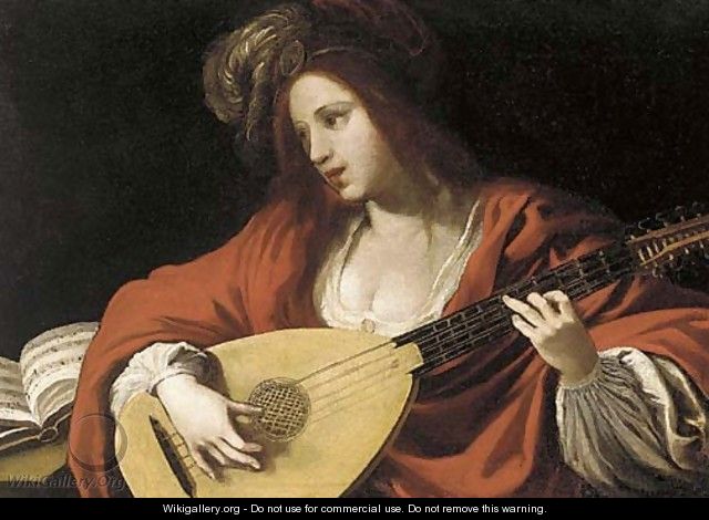 A lady in a red costume and plumed cap playing a lute - (after) Claude Vignon
