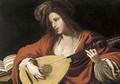 A lady in a red costume and plumed cap playing a lute - (after) Claude Vignon