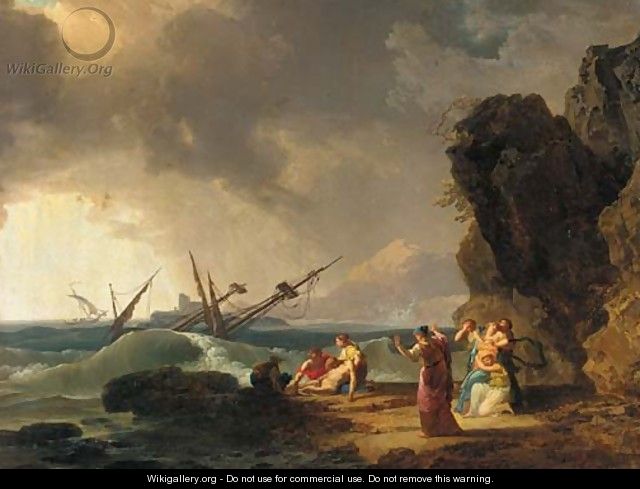 A Mediterranean rocky coastal landscape with a shipwreck in a storm - (after) Claude-Joseph Vernet