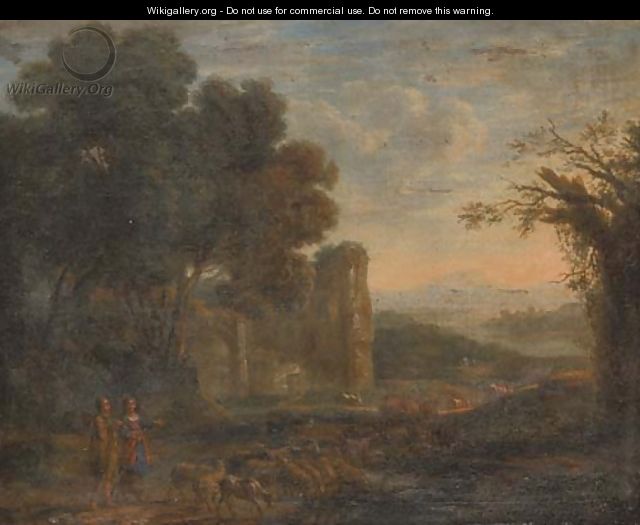 A landscape with a shepherd and shepherdess with their flock - (after) Claude Lorrain (Gellee)