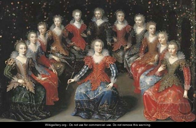 Twelve noblewomen seated in a garden - (after) Claude Deruet