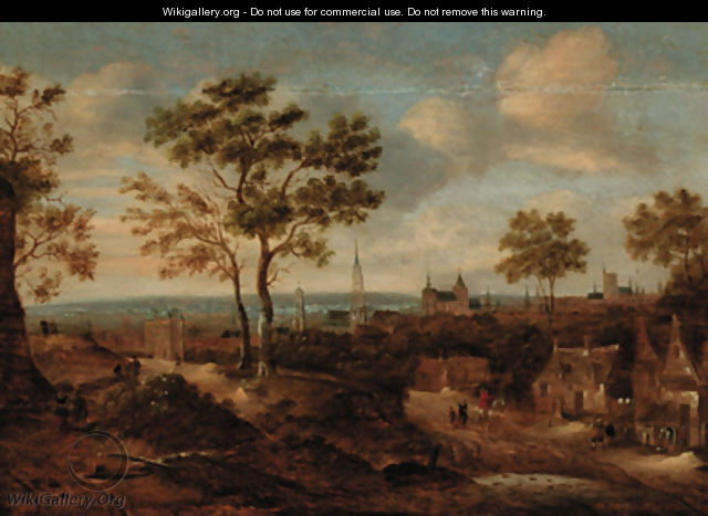 A wooded landscape with a view of a town - (after) Claes Molenaar (see Molenaer)