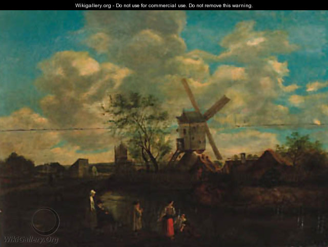 Peasants in a river landscape, a windmill beyond - (after) Claes Hals