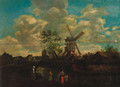 Peasants in a river landscape, a windmill beyond - (after) Claes Hals
