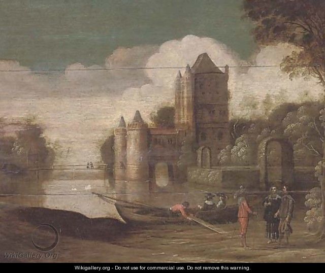 A landscape with a moated castle and gentlemen conversing by a boat - (after) Christoph Jacobsz. Van Der Lamen