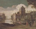 A landscape with a moated castle and gentlemen conversing by a boat - (after) Christoph Jacobsz. Van Der Lamen