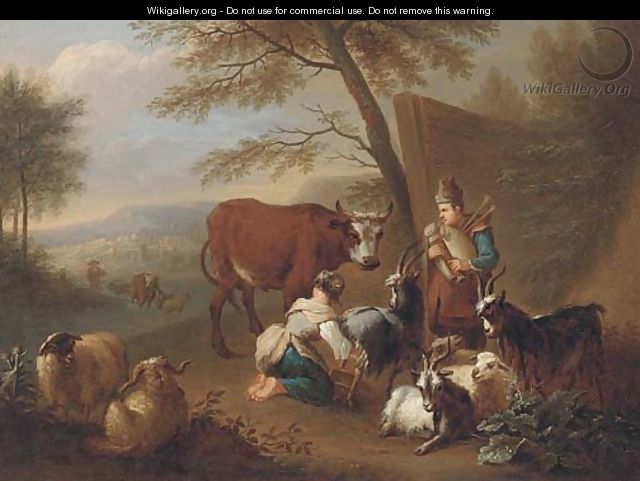 An Italianate landscape with a shepherdess milking a goat, a man playing a doodlesack and a drover fording a river beyond - (after) Christian Wilhelm Ernst Dietrich