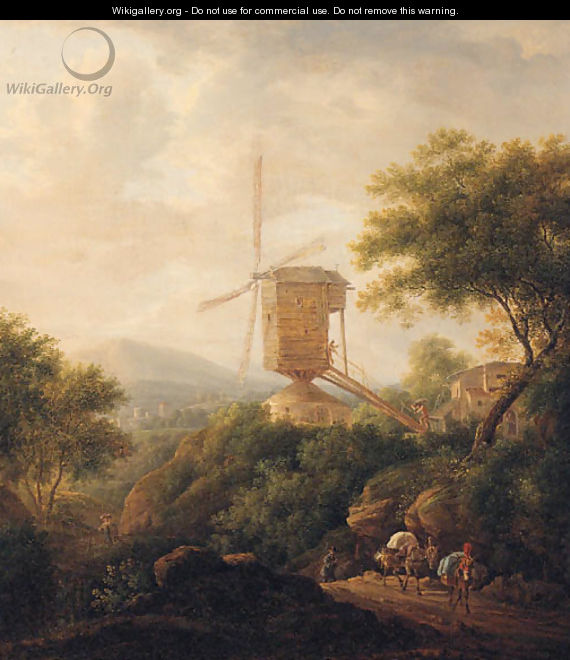 A landscape with a traveller and mules on a track by a windmill - (after) Christian Wilhelm Ernst Dietrich