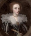 Portrait of a lady, half-length, in a black and white slashed dress with a lace collar, and green and gold embroidered rosette and sash - (after) Johnson, Cornelius I