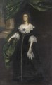 Portrait of a lady, full-length, in a black dress with lace collar and cuffs and pearl trimmed, by a green draped column - (after) Johnson, Cornelius I