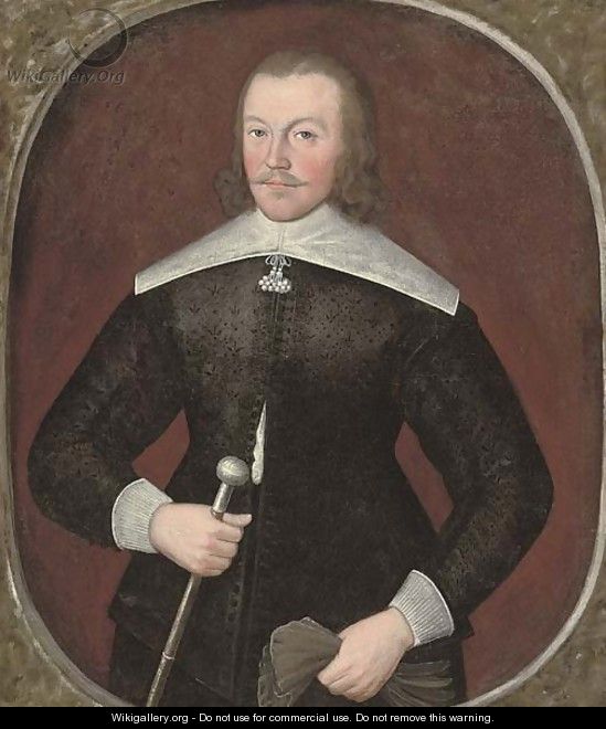 Portrait of a gentleman, aged 35, three-quarter-length, in a black jerkin and white collar and cuffs, holding a pair of gloves in his left hand - (after) Johnson, Cornelius I