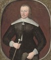 Portrait of a gentleman, aged 35, three-quarter-length, in a black jerkin and white collar and cuffs, holding a pair of gloves in his left hand - (after) Johnson, Cornelius I