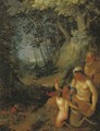 A wooded landscape with satyrs and a nymph playing music - (after) Cornelis Van Poelenburgh