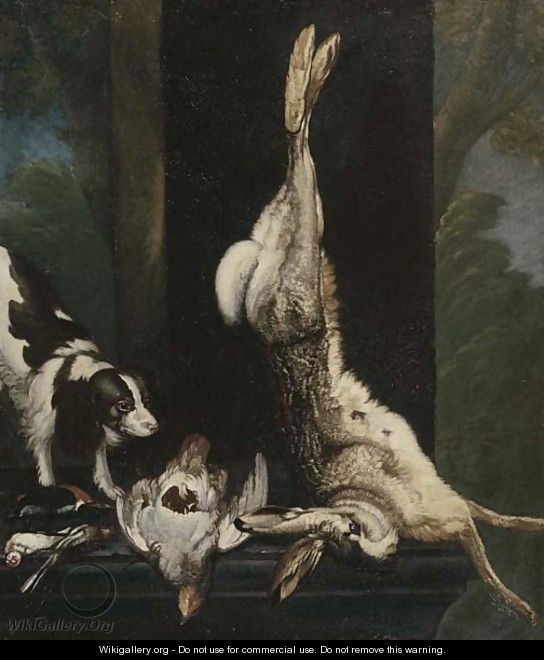 A sporting dog approaching dead song birds, a pheasant and a hare on a stone ledge - (after) Cornelis Van Lelienbergh