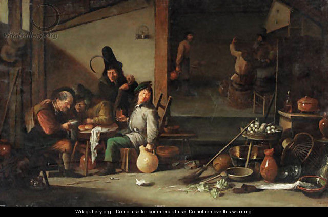 The interior of a tavern with peasants drinking around a table and by a fire - (after) Cornelis Saftleven