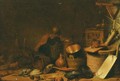 A kitchen interior with a well, pots, pans and baskets - (after) Cornelis Saftleven
