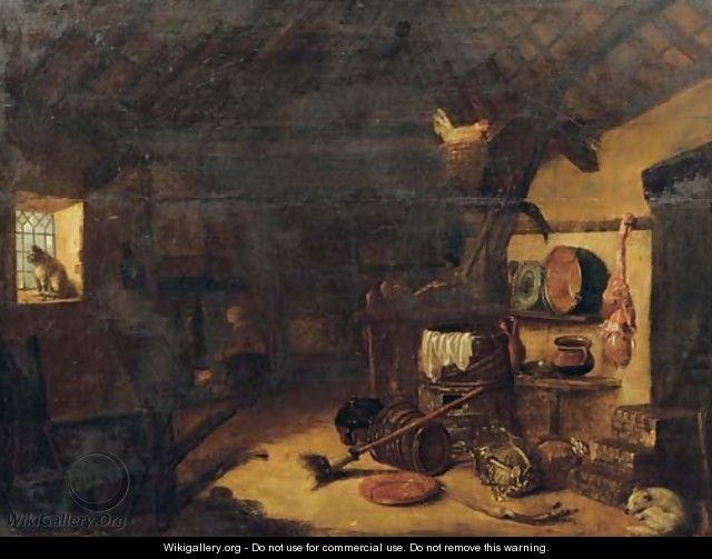 A barn interior with pots, pans and vegetables, a woman by a stove beyond - (after) Cornelis Saftleven