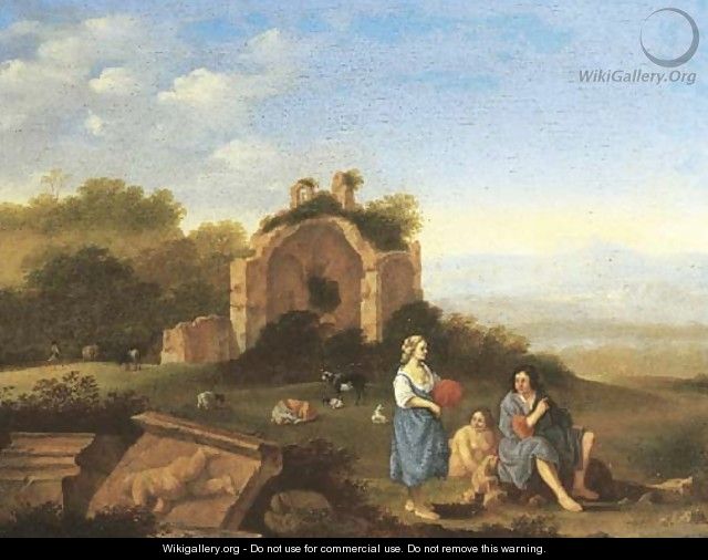 An Italianate landscape with peasants and cattle by classical ruins - (after) Cornelis Poelenburgh