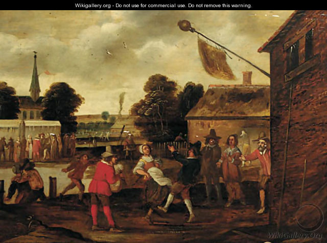Peasants making merry in a village square - (after) Cornelis Droogsloot