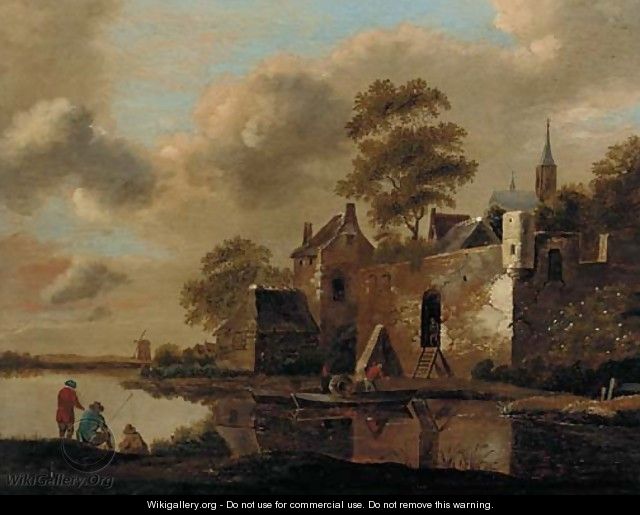 A river landscape with fishermen on a bank and a ferry arriving at a fortified village - (after) Cornelius Decker