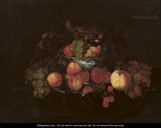 A silver plate with peaches and cherries - (after) Cornelis De Heem