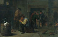 Peasants smoking others standing by a fireplace beyond, in an inn - (after) David The Younger Teniers