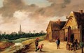 Peasants playing skittles beside a stream outside an inn, a view of Antwerp beyond - (after) David The Younger Teniers