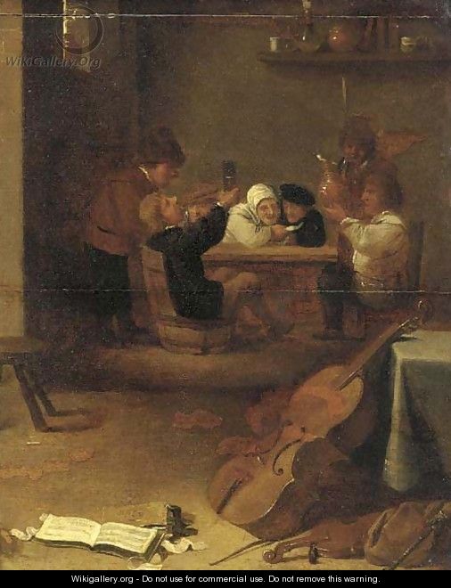 Peasants drinking and smoking in an inn, musical instruments in the foreground - (after) David The Younger Teniers