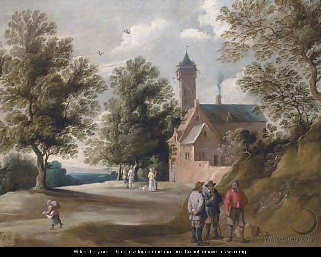 Figures conversing outside a country house - (after) David The Younger Teniers