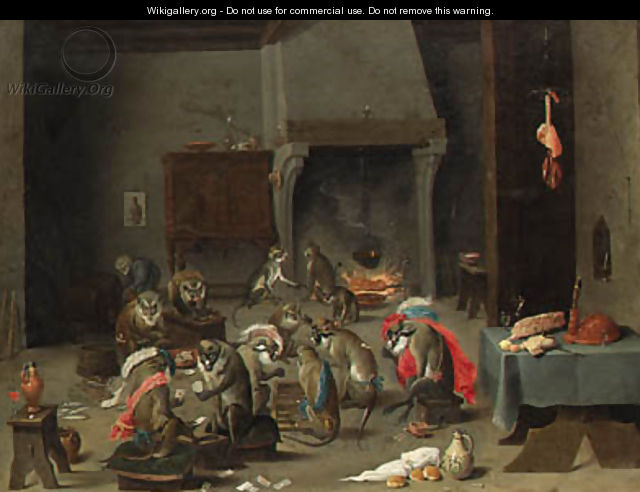 A Tavern Interior with Monkeys playing Cards and Backgammon - (after) David The Younger Teniers