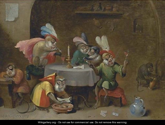 A tavern interior with monkeys drinking and smoking - (after) David The Younger Teniers