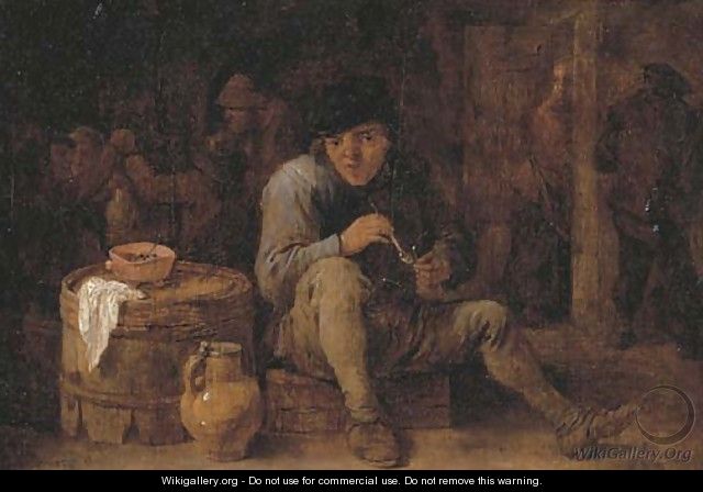 A seated peasant smoking in an interior, other figures in the background - (after) David The Younger Teniers