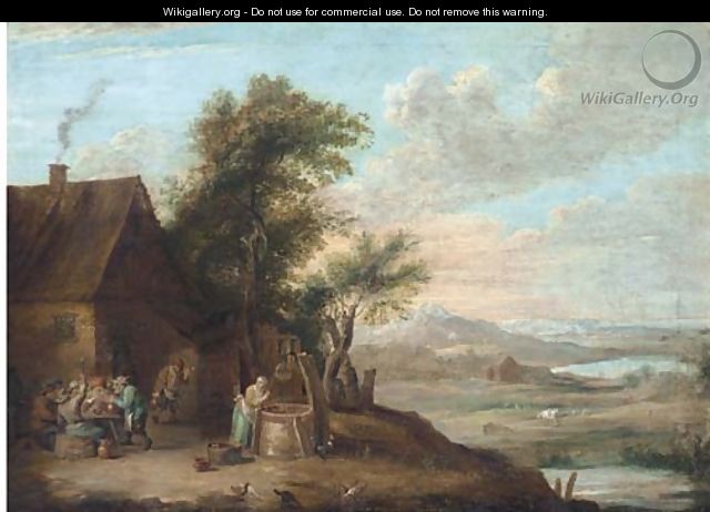 A river landscape with peasants smoking and drinking outside an inn, with a women getting water from a well - (after) David The Younger Teniers