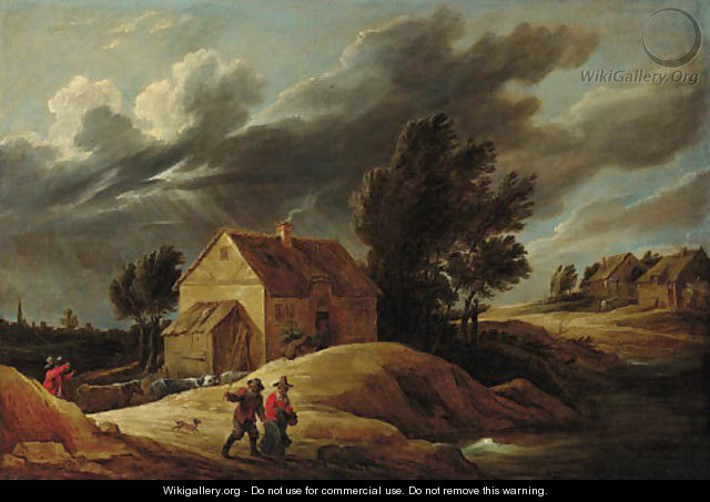 A Peasant couple on a path and a herdsman driving his cattle in a dune landscape, a town beyond - (after) David The Younger Teniers