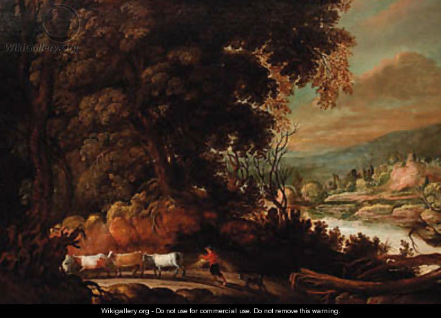 A wooded path with a peasant herding cattle, a river landscape beyond - (after) David Teniers I