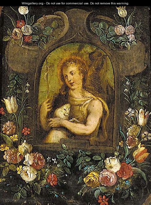 Saint John the Baptist in a niche surrounded by roses, tulips and other flowers - (after) Daniel Seghers