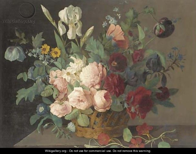 Roses, narcissi, irises, tulips and other flowers in a basket on a stone ledge - (after) Arnoldus Bloemers