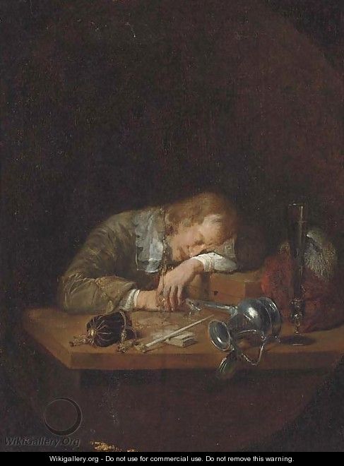 A man asleep on a table - (after) Arie De Vois