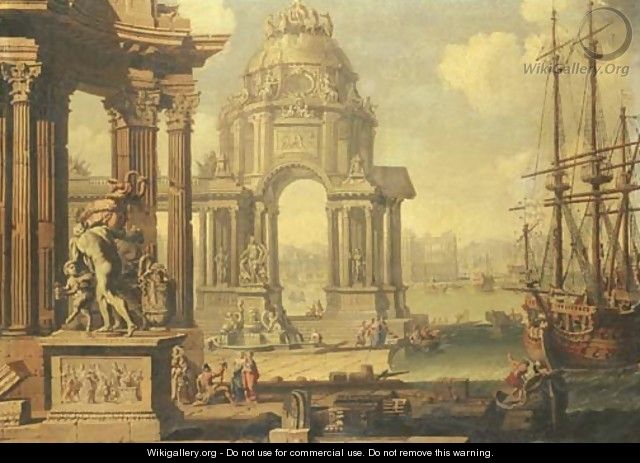 A capriccio of a Mediterranean harbour - (after) Antonio Visentini