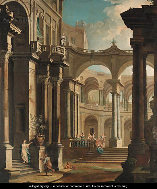 A capriccio of the courtyard of a baroque palace with musicians and other figures - (after) Antonio Joli