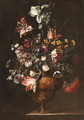 Tulips, Roses, Carnations and other Flowers in bronze Vases on stone Ledges - (after) Bartolome Perez